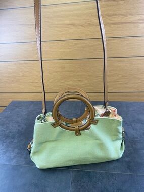 Fossil Lime Green Woven Summer Crossbody bag with Brown Leather Handles